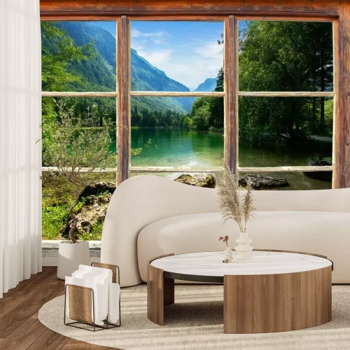 Fotobehang Bergmeer buiten het raam