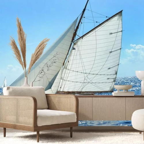 Fotobehang Zeilboot en glinsterende oceaan