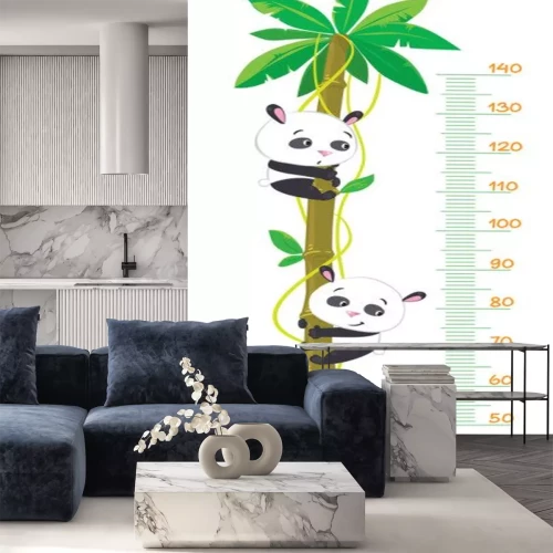 Sticker Meter hoge muur met palmboom en drie grappige panda's