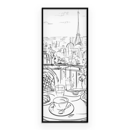 Poster Een cartoonachtig uitzicht op Parijs en de Eiffeltoren vanaf het balkon.