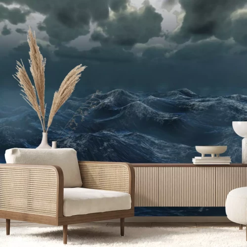 Sticker Rough stormachtige oceaan onder donkere hemel