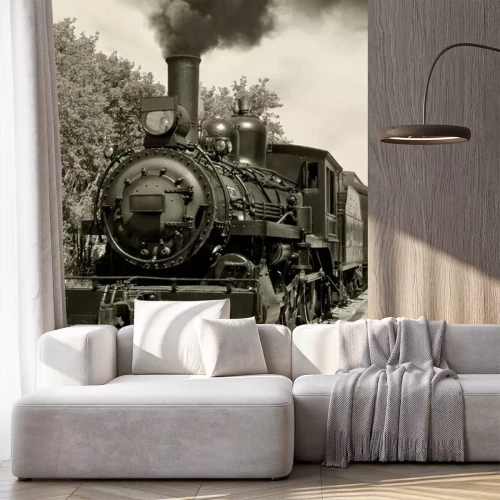 Fotobehang Trein locomotief in zwarte kleuren