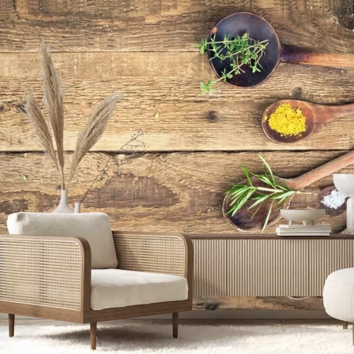 Fotobehang Kruiden op houten lepels