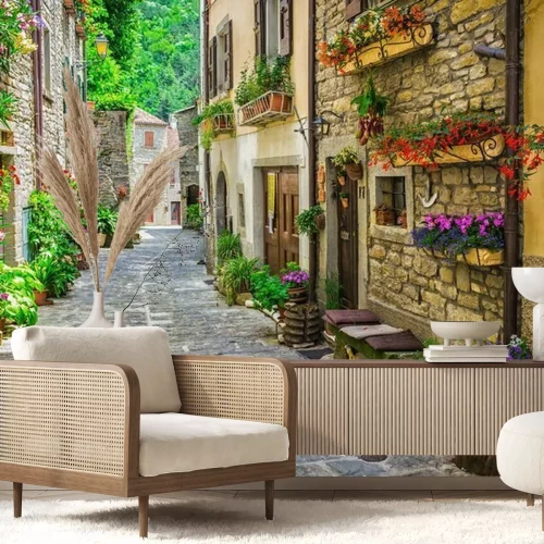 Fotobehang Toscaanse straten met bloemen