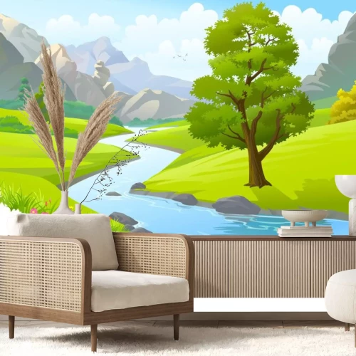 Sticker Rivier die door bergen en prachtige groene velden