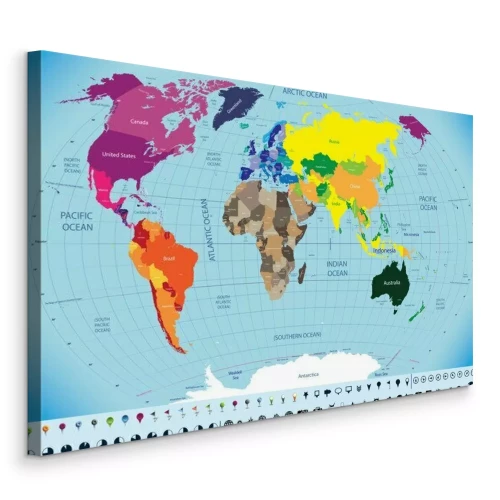 Canvas Wereldkaart en oceanen