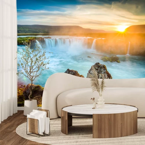 Fotobehang 3D waterval en zonsondergang