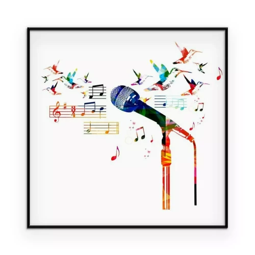 Poster Een kleurrijke compositie met een microfoon en muzieknoten.