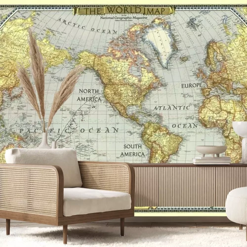 Fotobehang Oude wereldkaart in geel