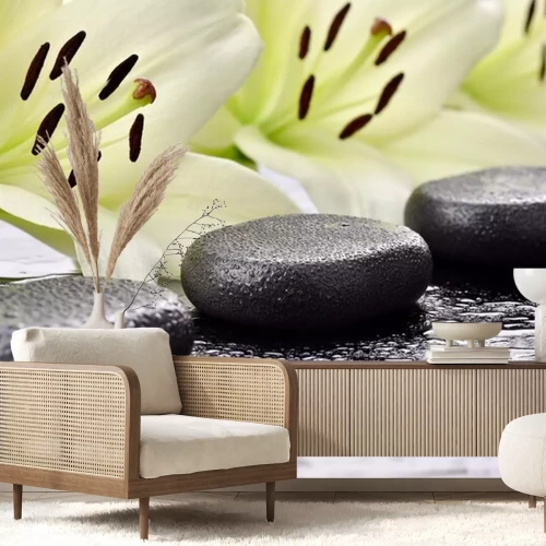 Sticker Kamienie bazaltowe z liliami w tle