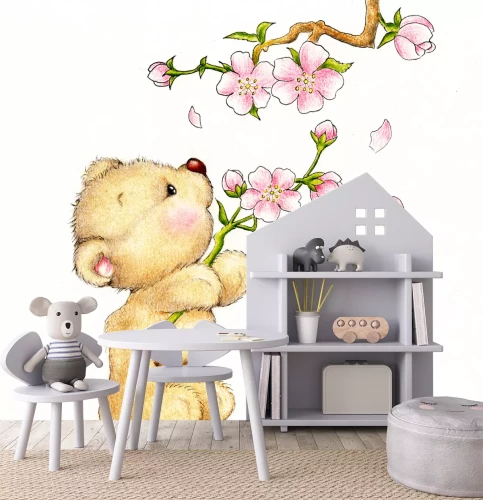 Sticker Kleine beer plukt bloeiende takjes