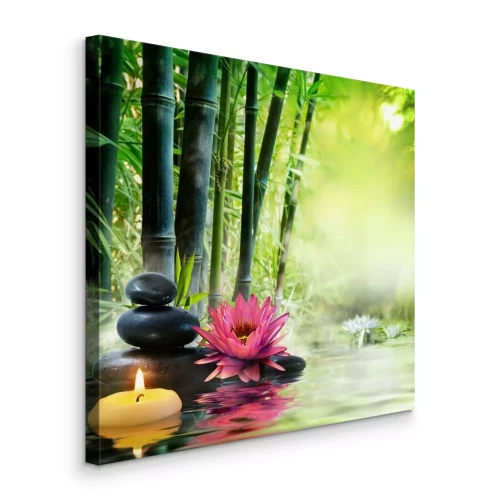 Canvas Stenen met een lelie en een kaars tegen de achtergrond van water en een tropisch bos