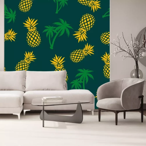 Sticker Ananas en palmbomen op een marineblauwe achtergrond