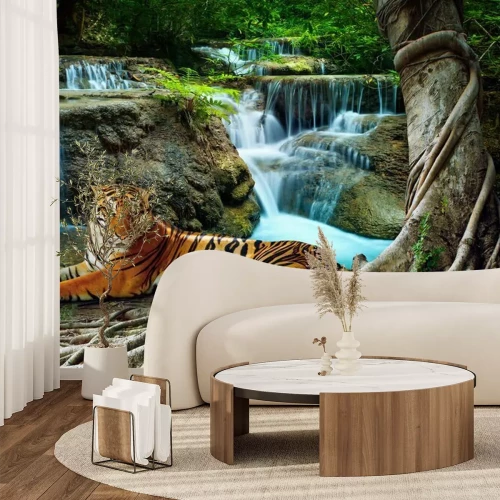 Fotobehang Tijger op de achtergrond van watervallen