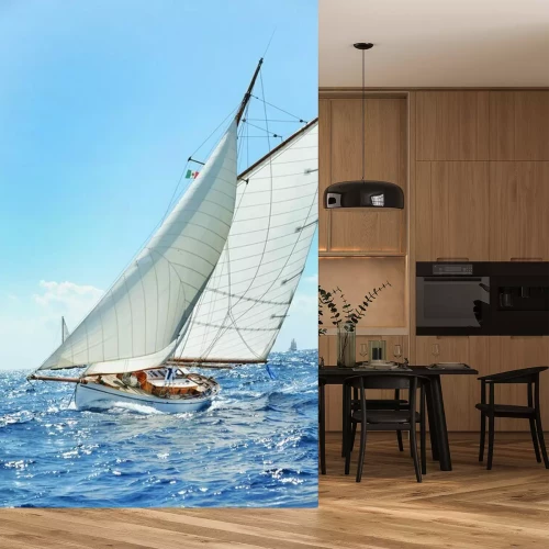 Fotobehang Zeilboot op een bruisende oceaan