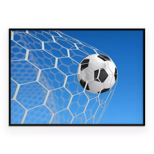 Poster Afbeelding van een voetbal die in het doel belandt.