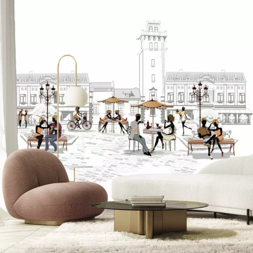 Fotobehang Mensen in de tuin van het café