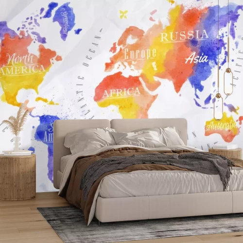 Sticker Aquarel wereldkaart rood paars