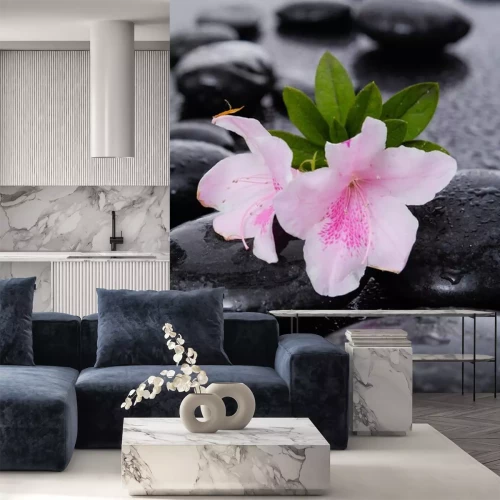 Sticker Still life with white two lily with therapy stones