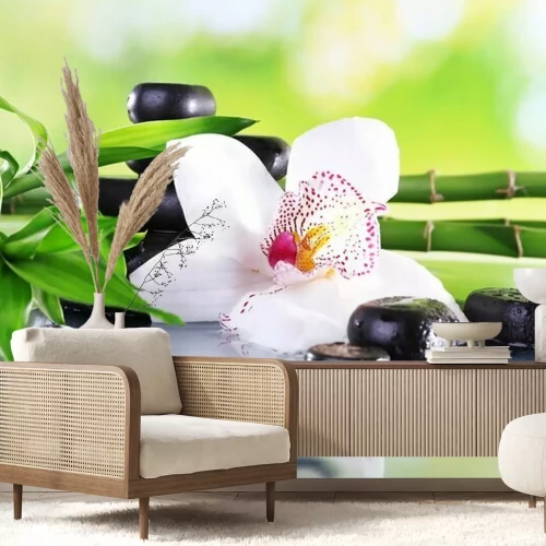 Fotobehang 3D orchidee en bamboetakken