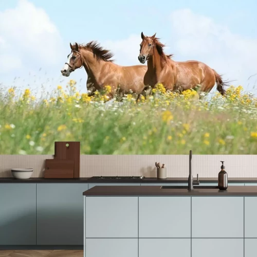 Fotobehang Grijze paarden in bloemen