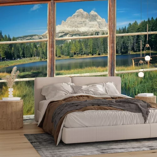 Fotobehang Uitzicht vanuit het raam - drie toppen