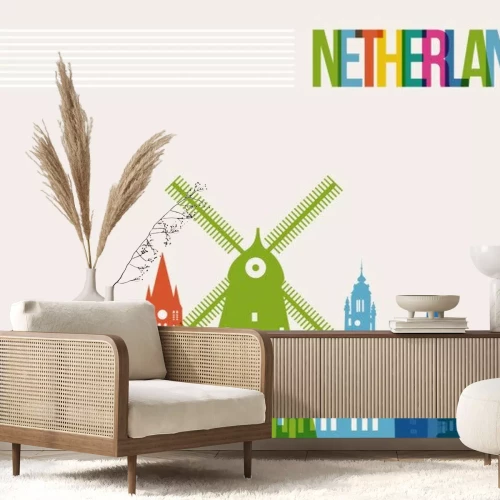 Sticker Reizen Nederland bestemming oriëntatiepunten skyline achtergrond