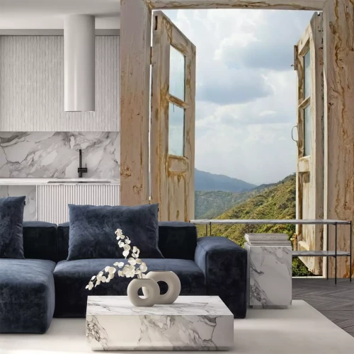 Fotobehang Uitzicht vanuit het raam op een schilderachtig berglandschap