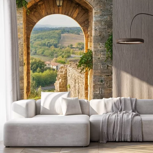 Fotobehang Verlaat de stad Monteriggioni met uitzicht op het Toscaanse landscap
