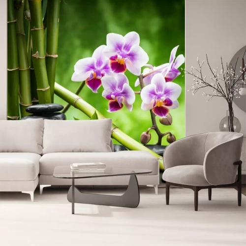 Fotobehang Bamboe stenen en orchideeën