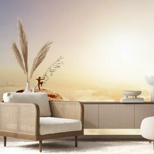 Fotobehang Aziatische man, vechter beoefent martial arts in het hooggebergte