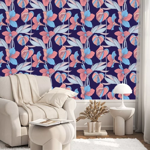 Behang Orchideeën en lelies in een grafische stijl