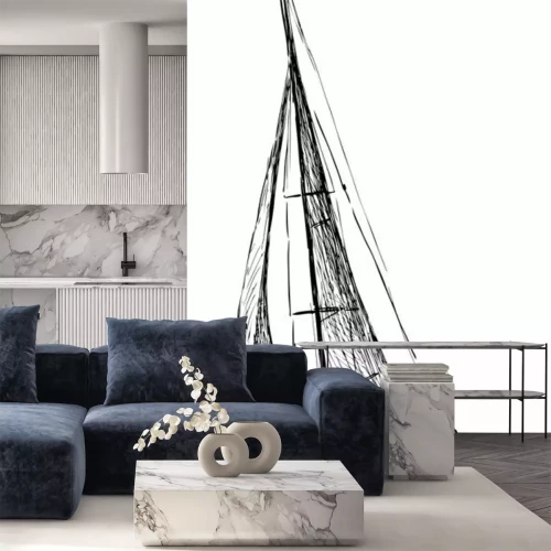 Fotobehang Zwart-wit geschetste zeilboot