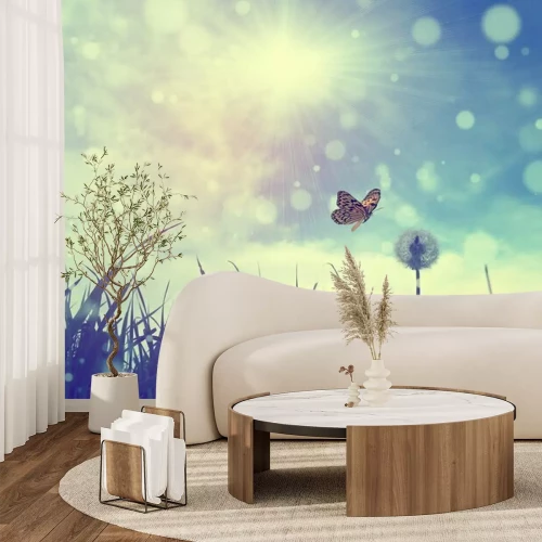 Fotobehang Vlinder en paardebloem op een achtergrond van zonneschijn