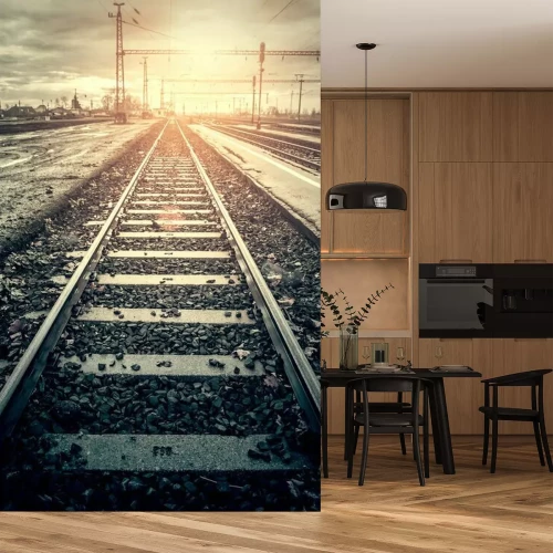 Fotobehang Sporen zonder treinen in de zon