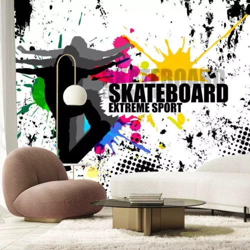 Sticker extreme sport man springen met skateboard en splash kleur
