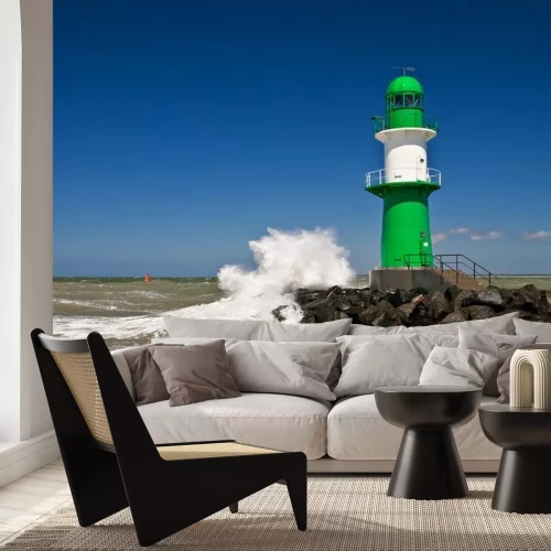 Fotobehang Vuurtoren bij de zonnige Warnow monding