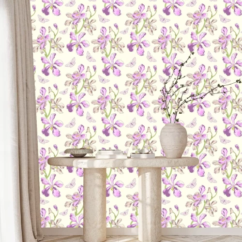 Behang Purperen orchideeën vlinders