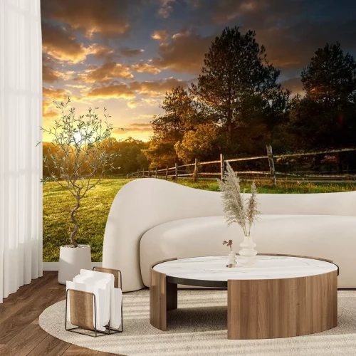 Fotobehang Zonsondergang over een groene weide