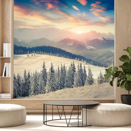 Fotobehang Winterse bergen bij zonsondergang