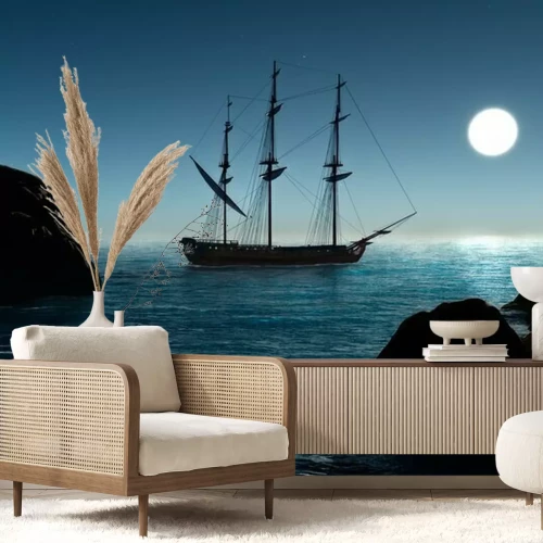 Fotobehang Piratenschip op zee 's nachts
