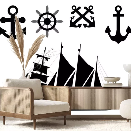 Sticker Vector illustratie van de ankers, roeren en zeilboot