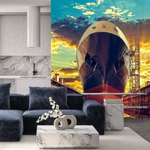 Fotobehang Schip in droogdok bij zonsopgang - scheepswerf in Gdansk, Polen.