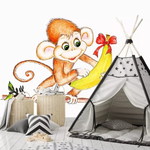 Sticker Een aap op een tak met een bananencadeau