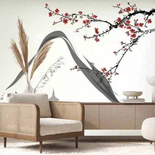 Fotobehang Japanse tekening met een berg, tempel en sakura