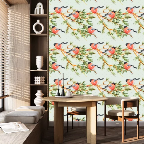 Behang Vogels op een dennentak