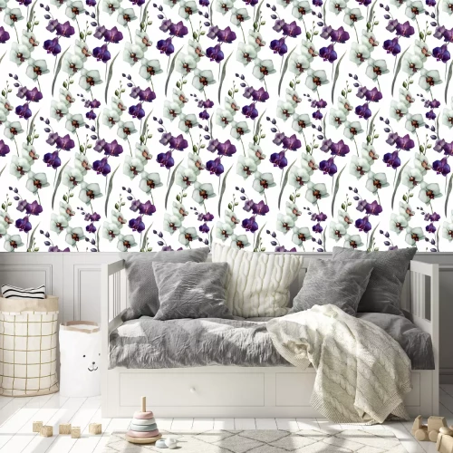 Behang Witte en paarse orchideeën in aquarelstijl