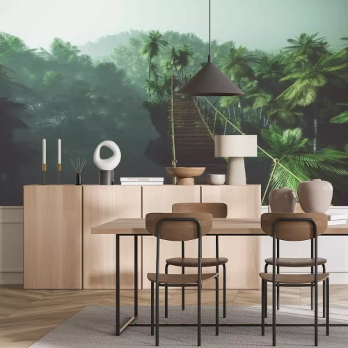 Fotobehang Touwbrug in een mistige palmjungle