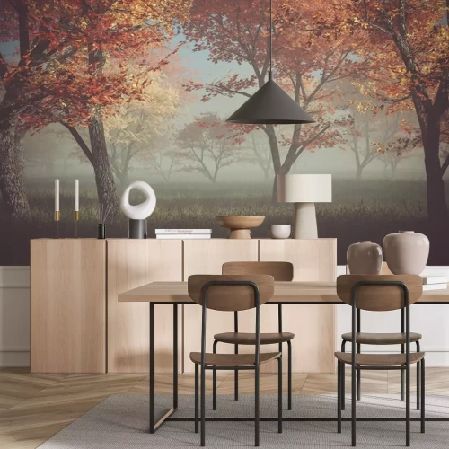 Sticker Bos herfst in de mist.