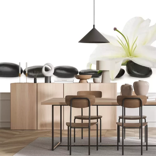 Sticker Zwarte stenen op een rij naast lelies